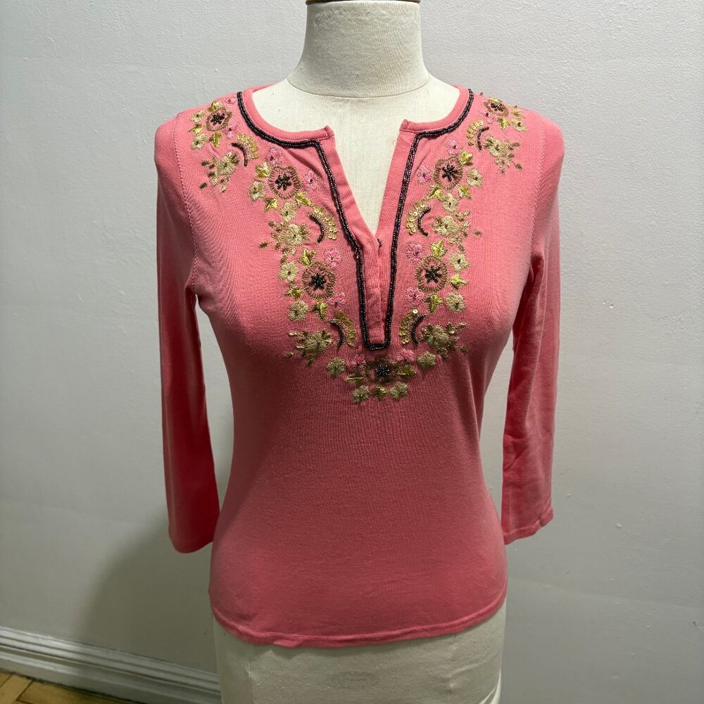 NWT vintage Tea with Lemon 3/4 sleeve split henley with embroidery in coral